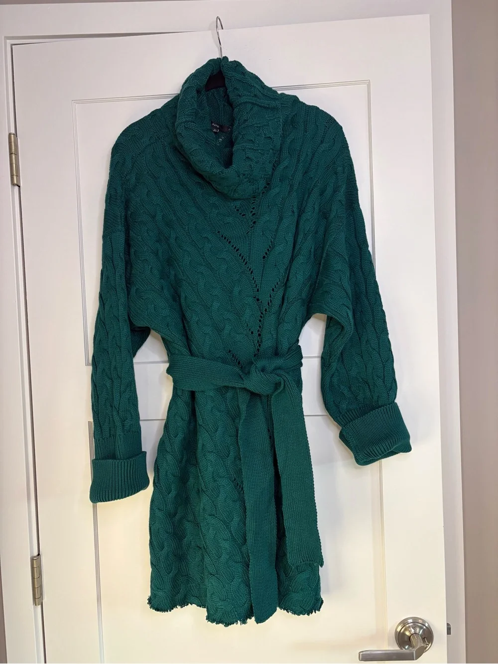 Fate Emerald Green Cable Knit Cowl Raw Hem Sweater Dress | Size L